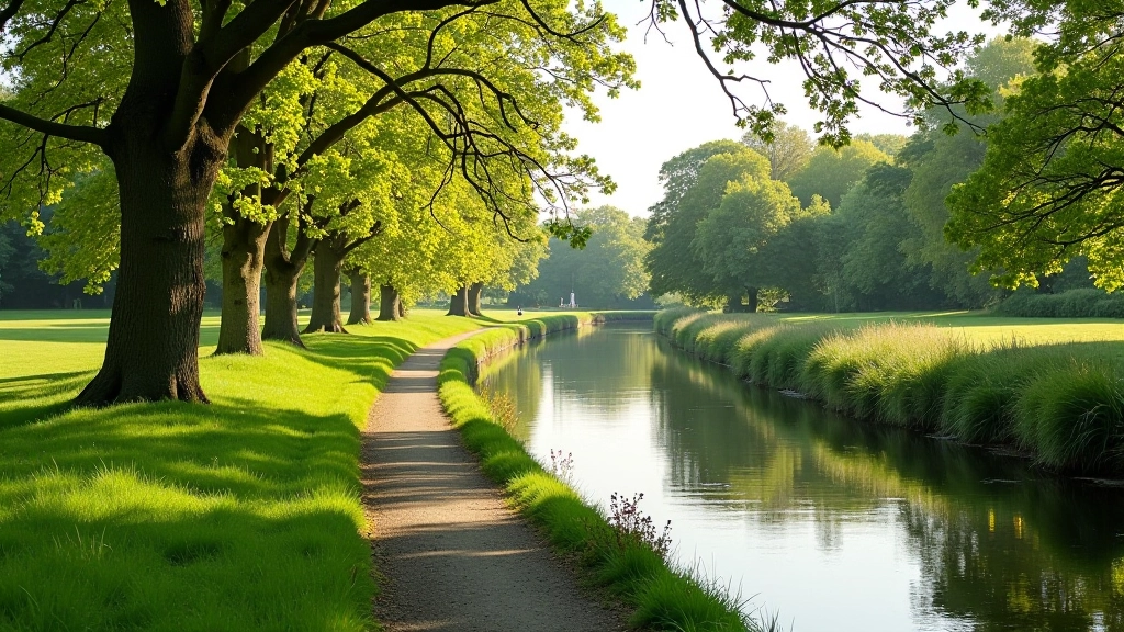 Canal towpath with water reflecting sky, grassy banks sloping down to waterside, calm rural setting