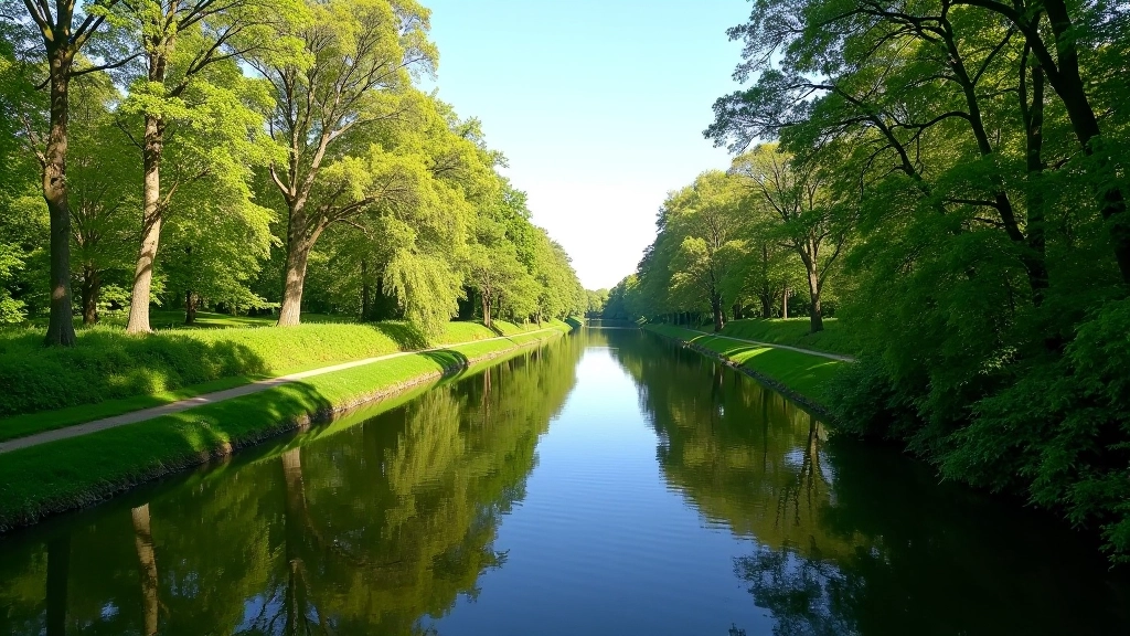 Canal path stretching into distance, trees lining both sides, blue sky above