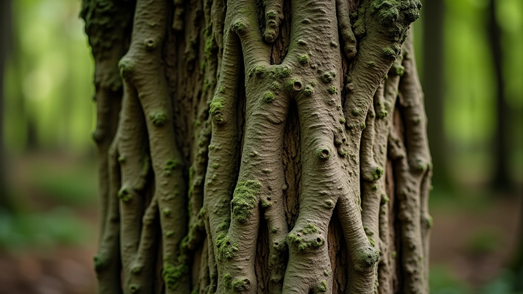Detailed close-up of ancient oak tree trunk with textured bark, moss and lichen growth, forest background slightly blurred