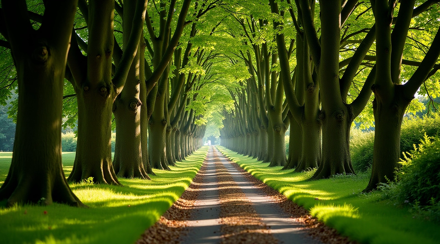 Forest path with ancient oak trees creating a canopy overhead, dappled sunlight filtering through leaves