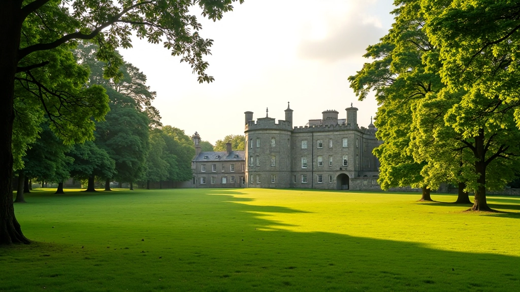 Castle demesne grounds with open parkland, scattered trees, historic stone structure visible in distance