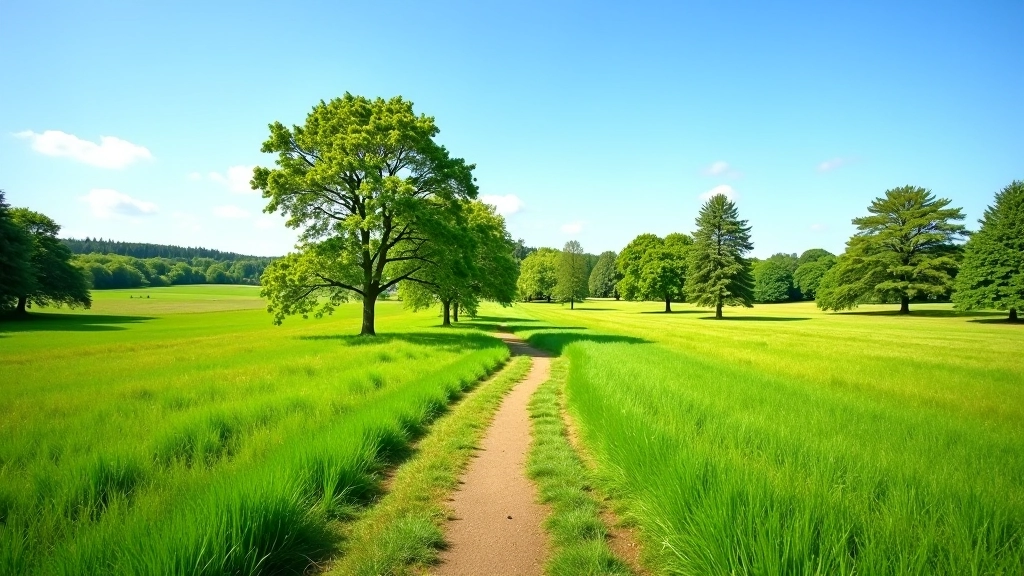 Open parkland path with scattered trees, wide meadow views, blue sky