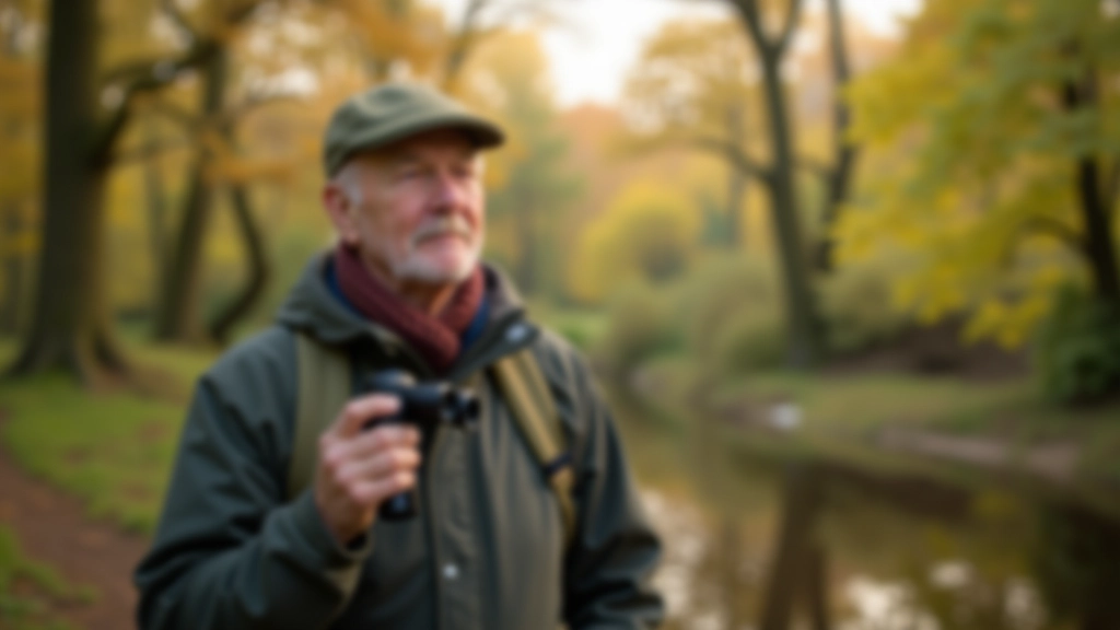 Person with binoculars standing in woodland clearing, watching birds and wildlife, peaceful morning light filtering through trees, observational posture