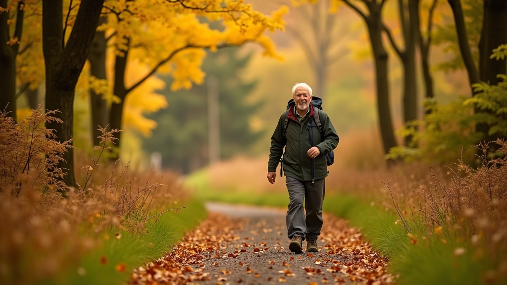 Retired person enjoying a peaceful woodland walk through golden autumn foliage in Offaly