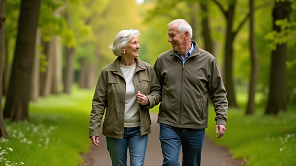 Retired couple walking together on a tree-lined path, smiling, casual outdoor clothing, natural daylight, sharp focus