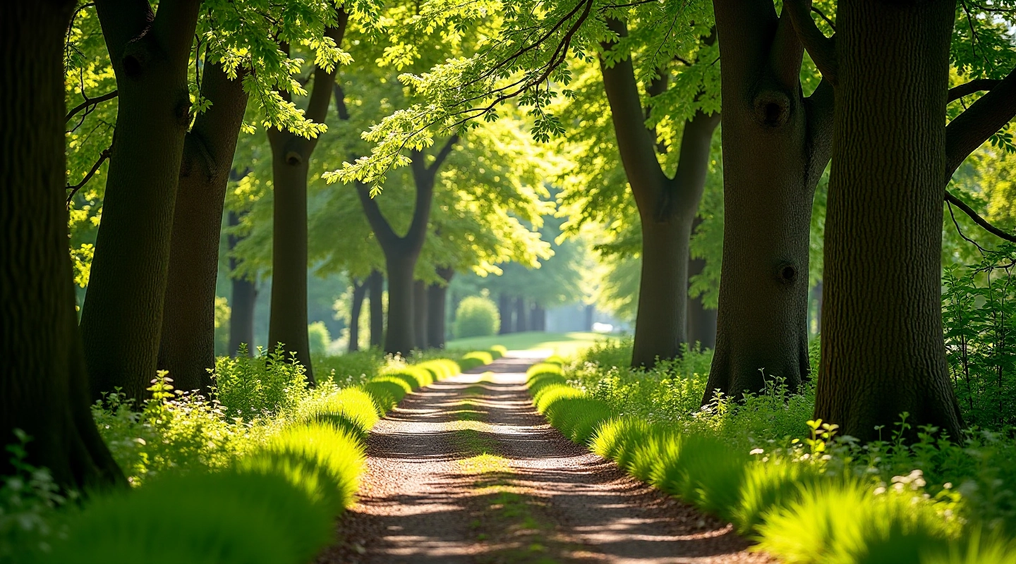 Peaceful woodland path with sunlight filtering through ancient oak trees in Offaly forest