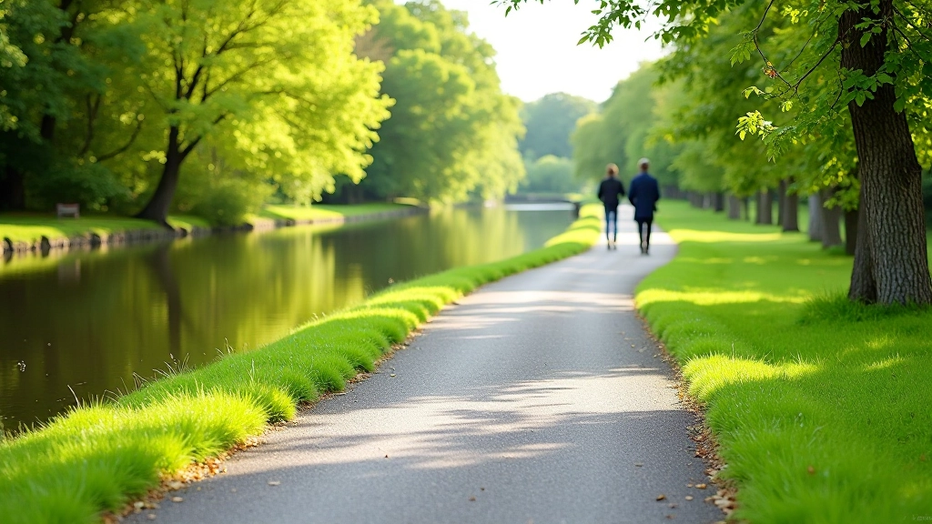 Towpath walkway beside calm canal water, paved surface, grassy verge, trees in distance
