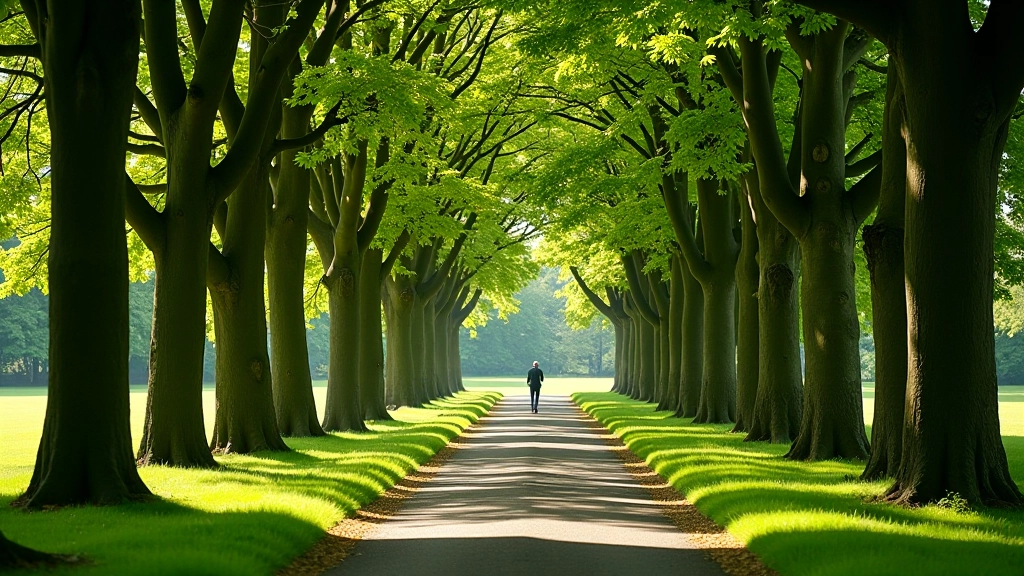 Tree-lined avenue path leading through parkland, mature trees creating natural canopy