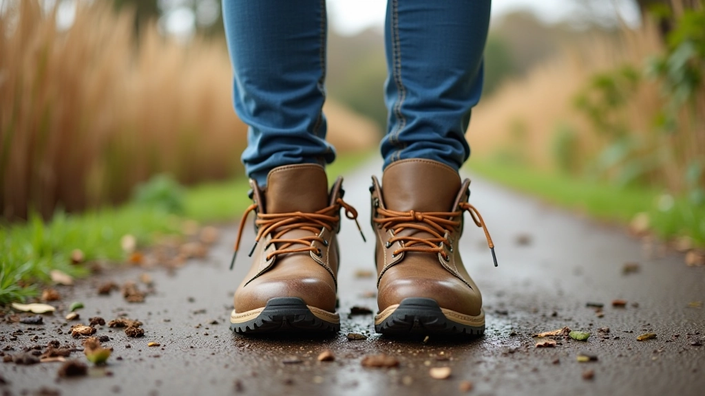 Walking boots resting on towpath ground, water and reeds visible, preparation for walk