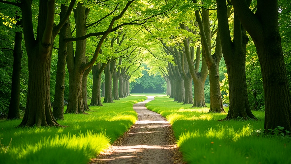 Winding woodland path through mixed tree species with clear ground vegetation and natural light filtering through canopy, peaceful walking route