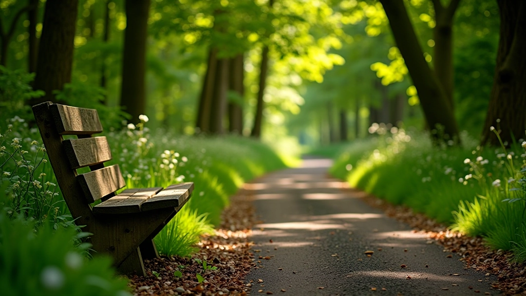 Bench seating area among trees, shaded resting spot with peaceful woodland backdrop