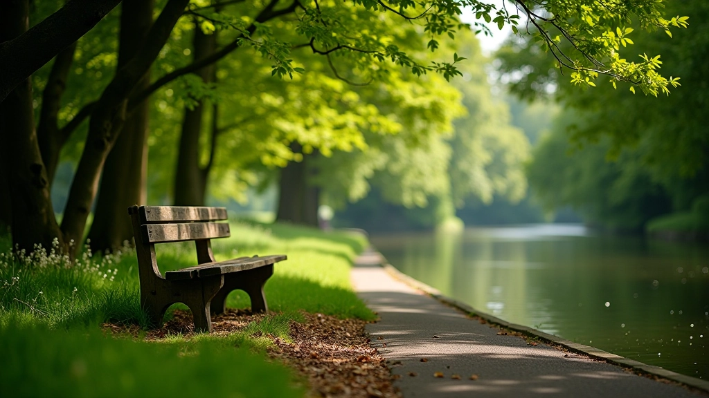 Wooden bench beside canal, water view, overhanging branches, peaceful sitting area
