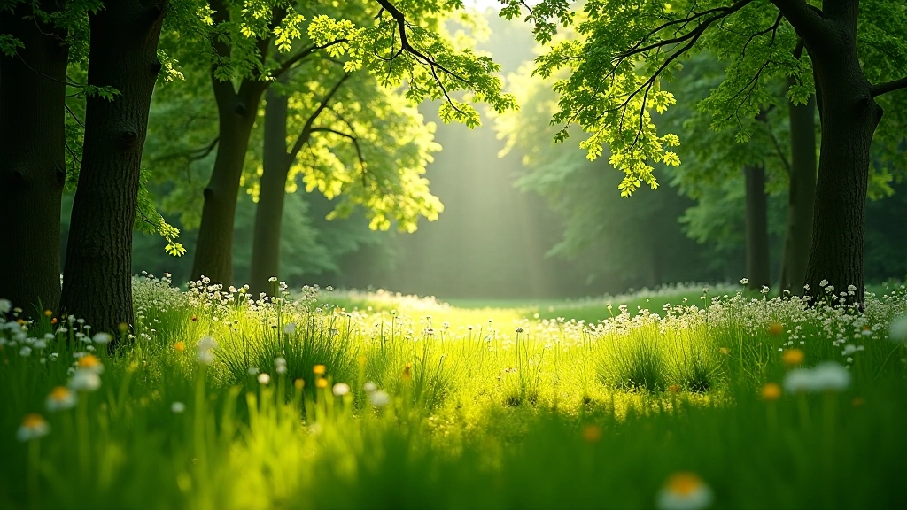 Woodland clearing with natural light and scattered wildflowers, ideal wildlife habitat and viewing point, peaceful natural setting