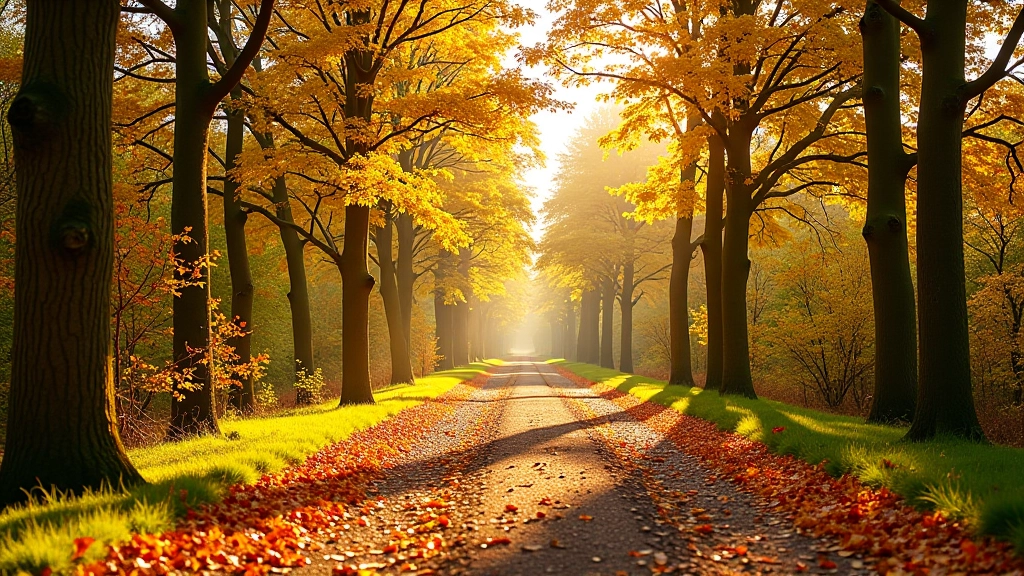 Autumn woodland path with fallen leaves, warm seasonal colors