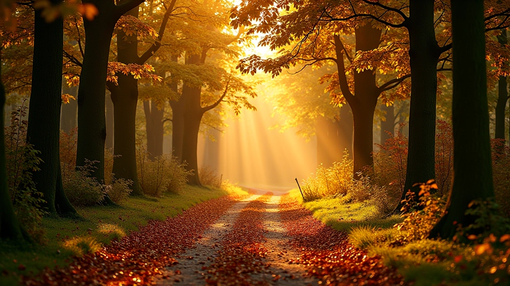 Autumn woodland scene with golden sunlight filtering through oak trees, fallen leaves scattered on the forest path, warm seasonal colours