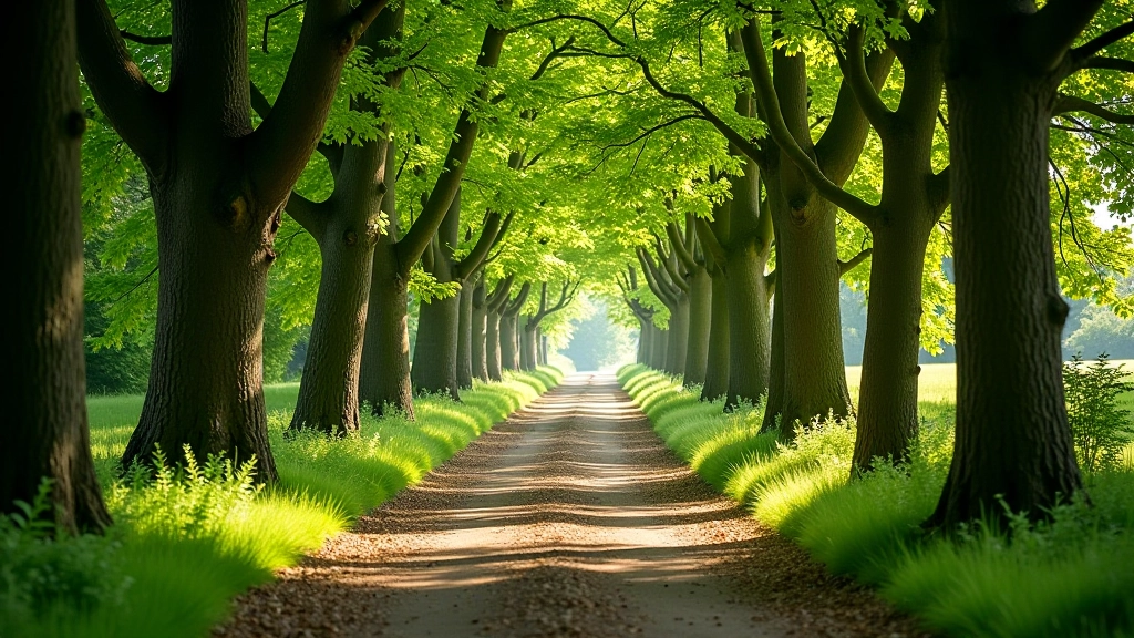 Wide woodland trail with mature oak trees on both sides, dappled sunlight creating patterns on the earth path, peaceful forest atmosphere