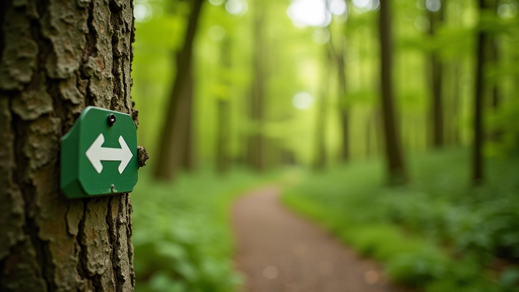 Woodland trail section with clear path direction, directional waymark sign on tree, natural forest surroundings